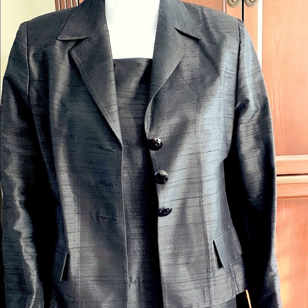 Shiny Black silk Pleated Long Dress With Slits & jacket 2 pc suit EUR 44 US 12